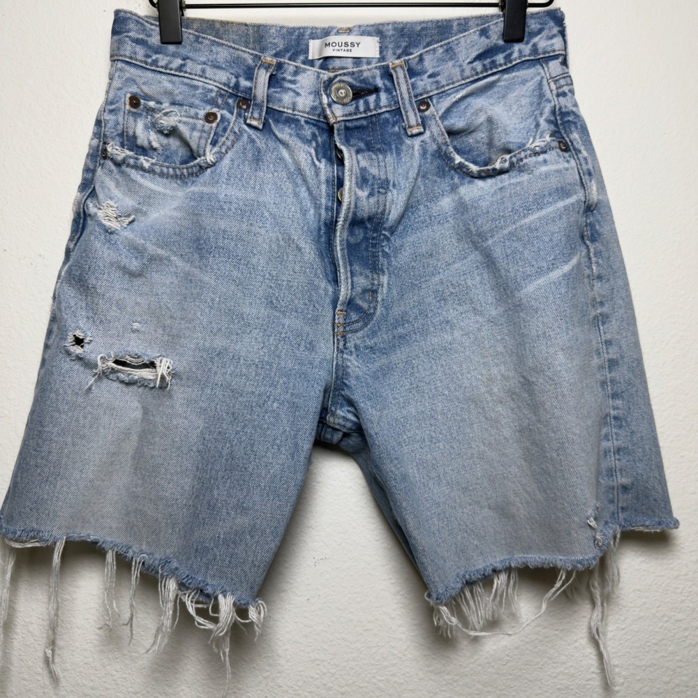 Moussy Vintage Women Cotton Denim Shorts Light Blue Distressed Raw Hem Western